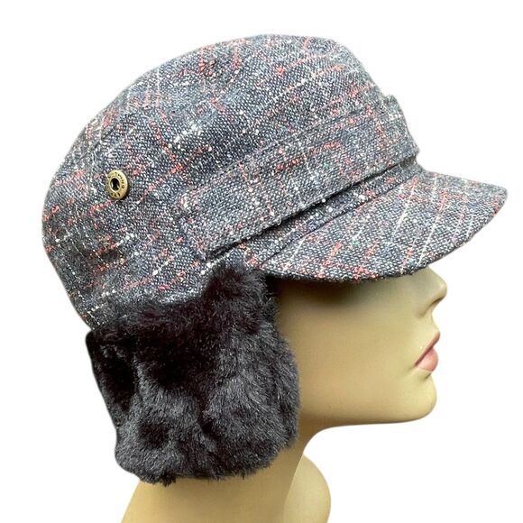 Nobis Plaid Tweed Faux Fur Ear Flaps Trapper Hat Cap Gray Red Winter Warm NWT main image 11